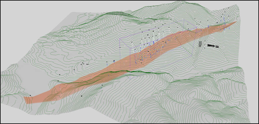 3D Isometric View of the Cardiac Creek Horizon. Area of economic interest outlined by rectangular box. 